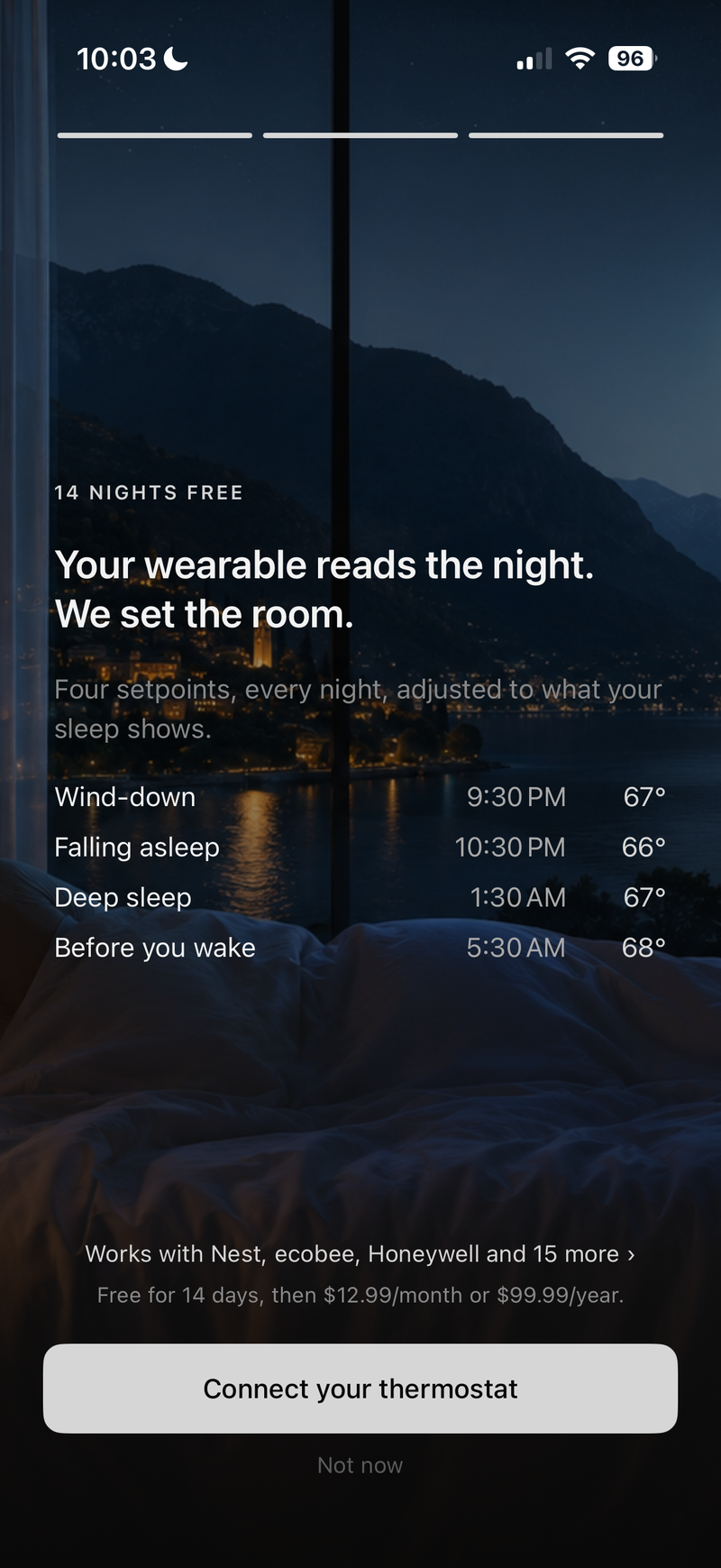 14 days free — bedroom window with four temperature setpoints